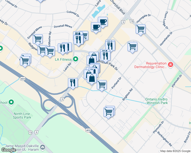 map of restaurants, bars, coffee shops, grocery stores, and more near 2501 Hyde Park Gate in Oakville