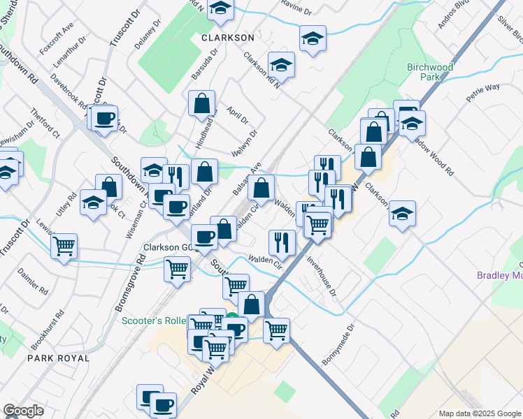 map of restaurants, bars, coffee shops, grocery stores, and more near 1160 Walden Circle in Mississauga