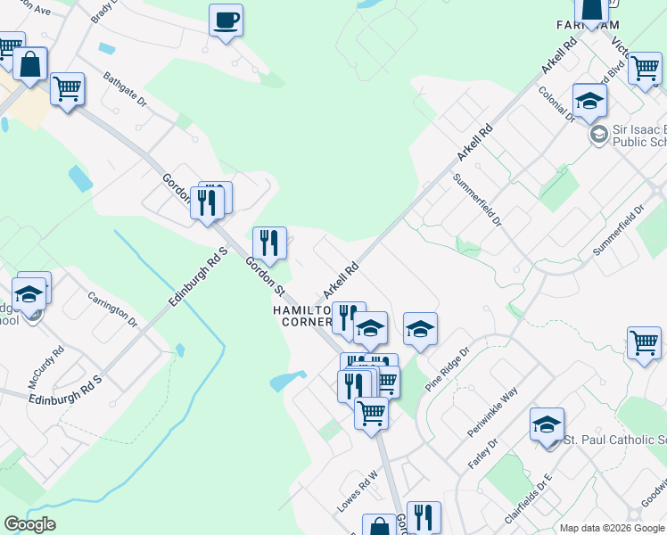 map of restaurants, bars, coffee shops, grocery stores, and more near 54 Arkell Road in Guelph
