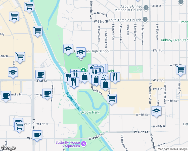 map of restaurants, bars, coffee shops, grocery stores, and more near 2808 West 41st Street in Sioux Falls