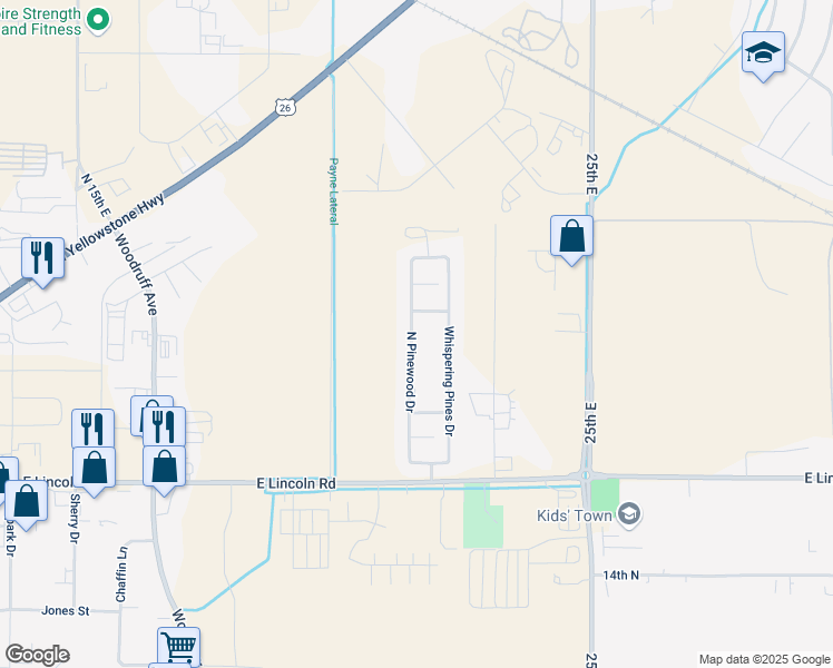 map of restaurants, bars, coffee shops, grocery stores, and more near 2085 Whispering Pines Drive in Idaho Falls