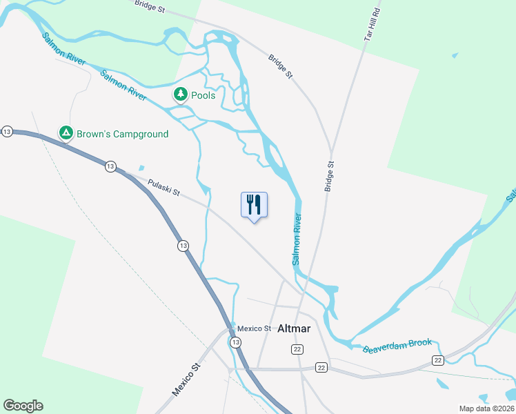 map of restaurants, bars, coffee shops, grocery stores, and more near 1129 Pulaski Street in Altmar