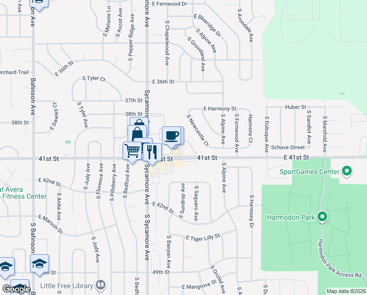 map of restaurants, bars, coffee shops, grocery stores, and more near 4615 East Pampas Place in Sioux Falls