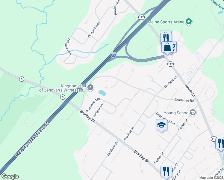 map of restaurants, bars, coffee shops, grocery stores, and more near 26 Rosewood Drive in Saco