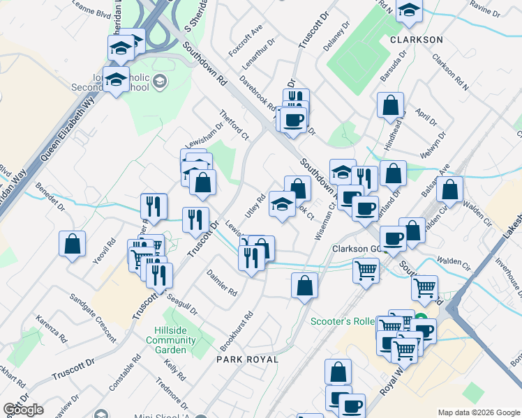 map of restaurants, bars, coffee shops, grocery stores, and more near 1294 Epton Crescent in Mississauga