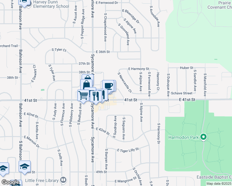 map of restaurants, bars, coffee shops, grocery stores, and more near 4615 East Pampas Place in Sioux Falls