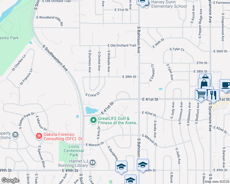 map of restaurants, bars, coffee shops, grocery stores, and more near 3200 South Nicann Court in Sioux Falls