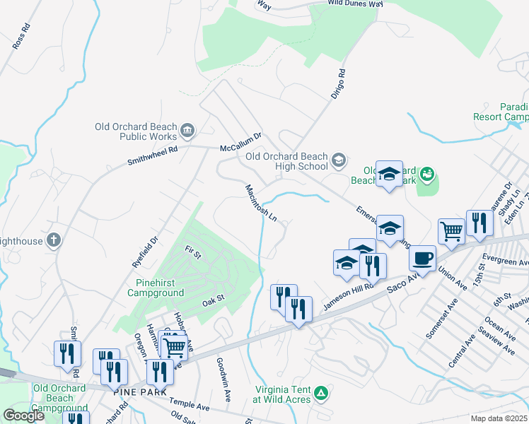 map of restaurants, bars, coffee shops, grocery stores, and more near 46 Macintosh Lane in Old Orchard Beach