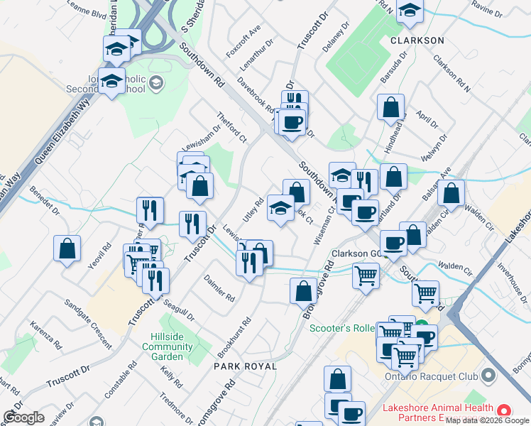 map of restaurants, bars, coffee shops, grocery stores, and more near 2206 Utley Road in Mississauga