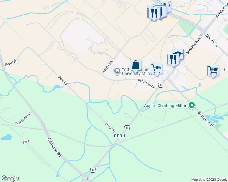 map of restaurants, bars, coffee shops, grocery stores, and more near 550 Industrial Drive in Milton