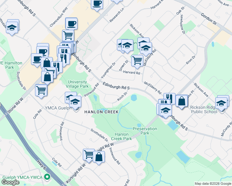 map of restaurants, bars, coffee shops, grocery stores, and more near 50 Walman Drive in Guelph