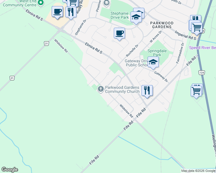 map of restaurants, bars, coffee shops, grocery stores, and more near 500 Whitelaw Road in Guelph