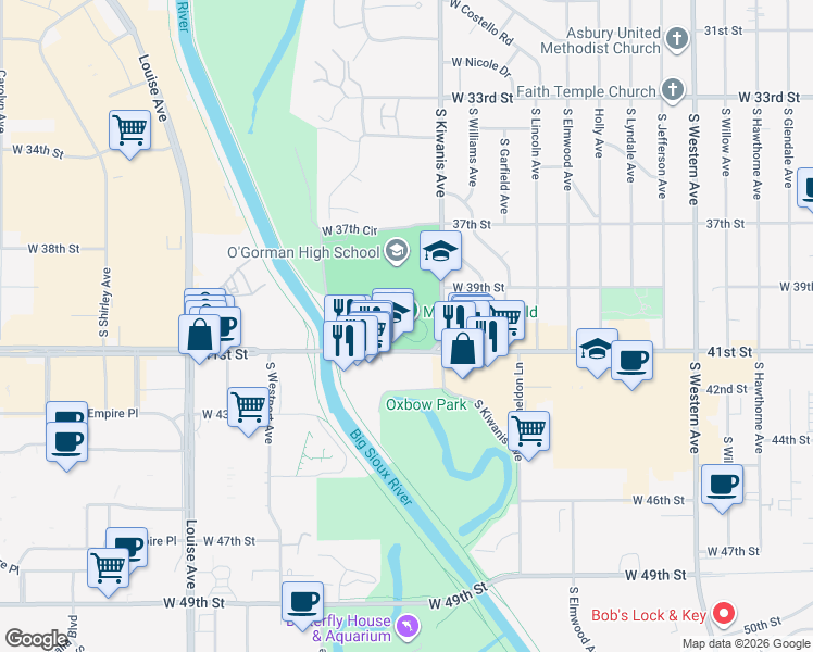 map of restaurants, bars, coffee shops, grocery stores, and more near 3201 South Kiwanis Avenue in Sioux Falls