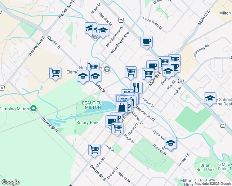 map of restaurants, bars, coffee shops, grocery stores, and more near 101 Millside Drive in Milton