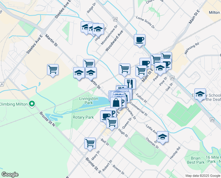 map of restaurants, bars, coffee shops, grocery stores, and more near 101 Millside Drive in Milton