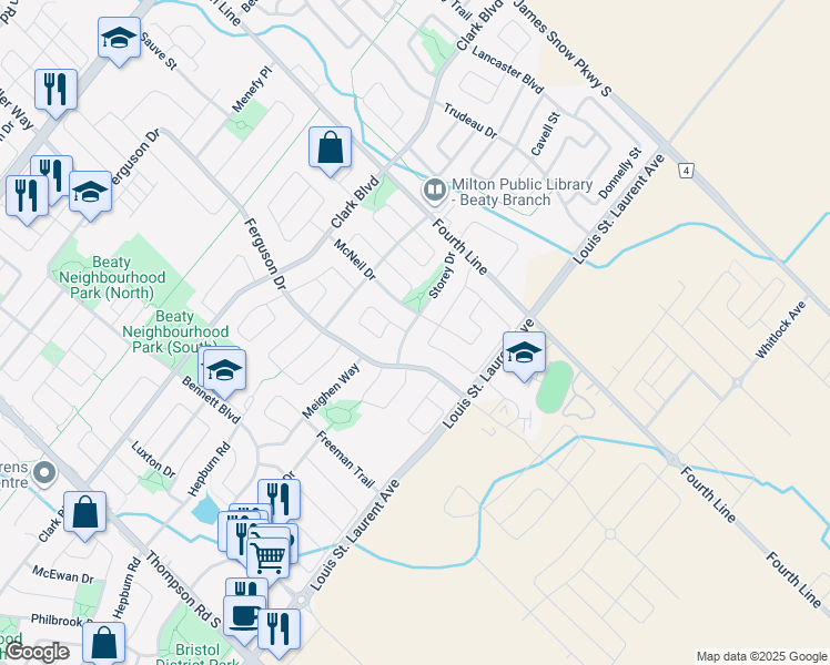 map of restaurants, bars, coffee shops, grocery stores, and more near 1003 Ferguson Drive in Milton