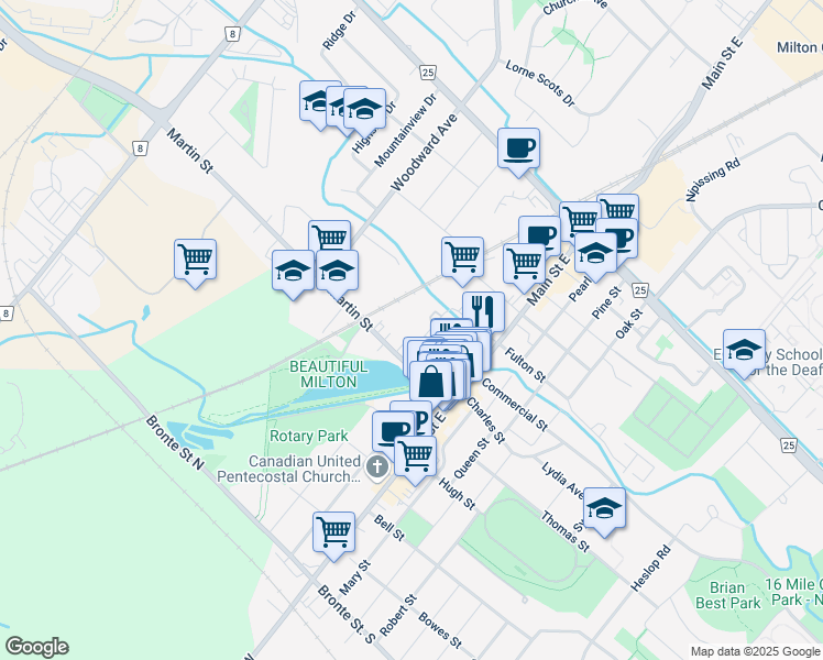 map of restaurants, bars, coffee shops, grocery stores, and more near 101 Millside Drive in Milton