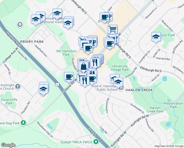map of restaurants, bars, coffee shops, grocery stores, and more near 414 Stone Road West in Guelph