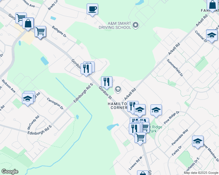 map of restaurants, bars, coffee shops, grocery stores, and more near 1280 Gordon Street in Guelph