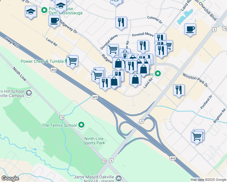 map of restaurants, bars, coffee shops, grocery stores, and more near 3480 Laird Road in Mississauga