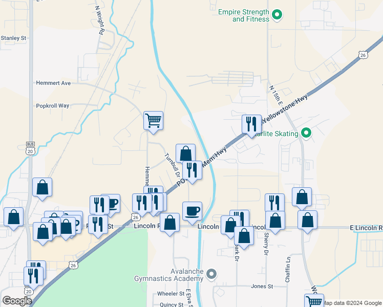 map of restaurants, bars, coffee shops, grocery stores, and more near 2095 North Yellowstone Highway in Idaho Falls