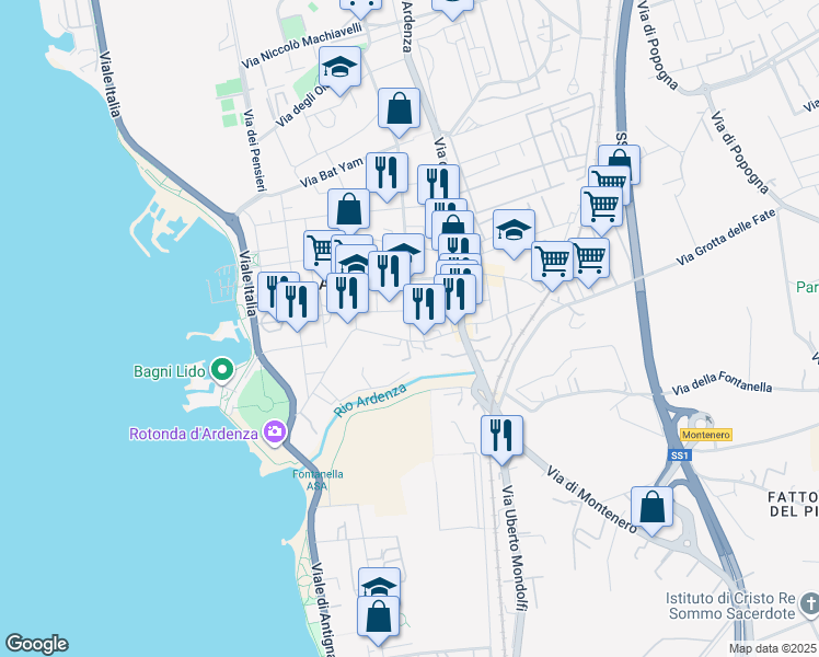 map of restaurants, bars, coffee shops, grocery stores, and more near 26 Via San Simone in Livorno