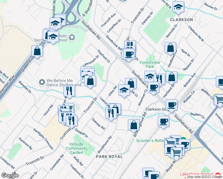 map of restaurants, bars, coffee shops, grocery stores, and more near 2209 Utley Road in Mississauga