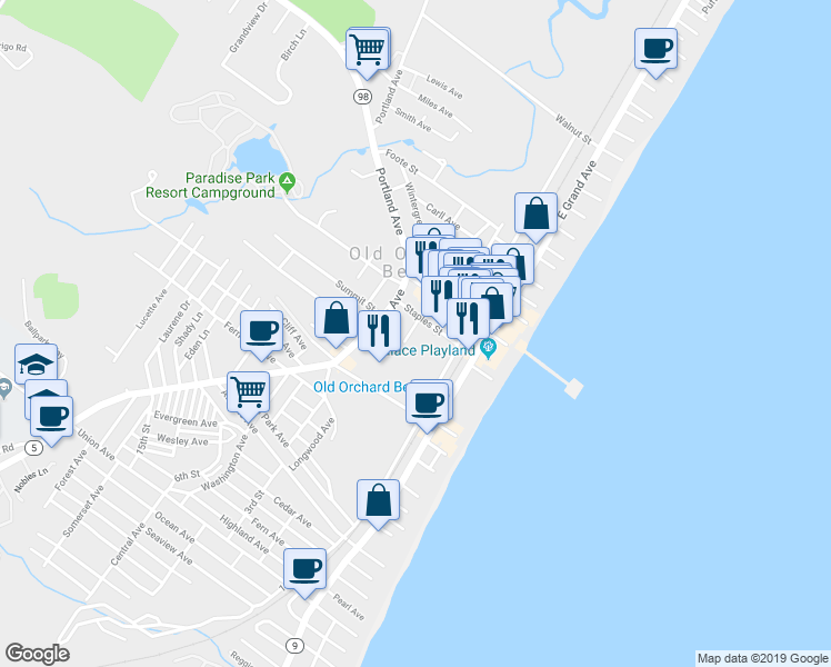 map of restaurants, bars, coffee shops, grocery stores, and more near 5 Sunset Drive in Old Orchard Beach