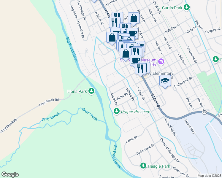 map of restaurants, bars, coffee shops, grocery stores, and more near 311 Walnut Street in Hailey