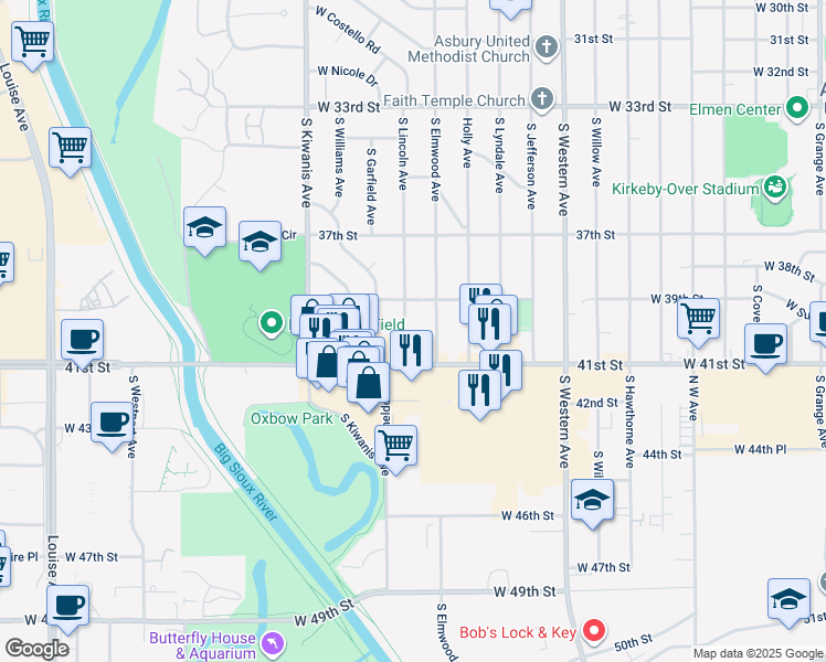 map of restaurants, bars, coffee shops, grocery stores, and more near 3201-3303 South Lincoln Avenue in Sioux Falls