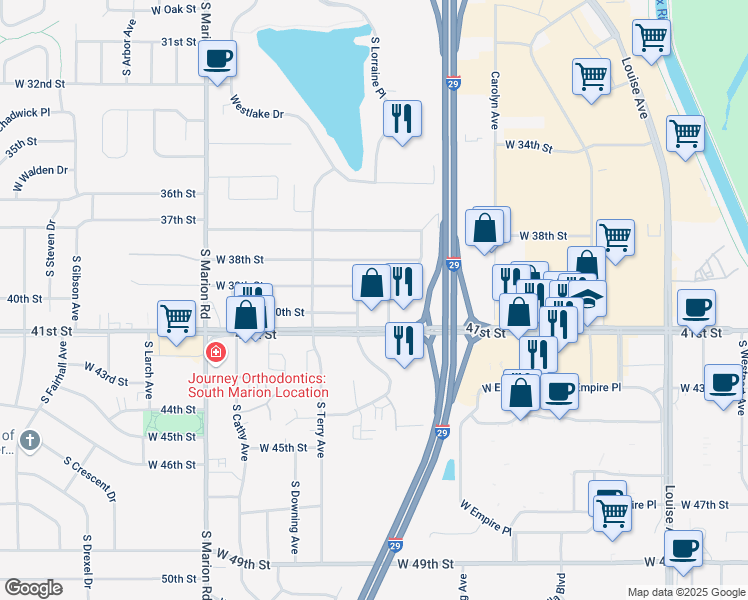 map of restaurants, bars, coffee shops, grocery stores, and more near 4508 West 39th Street in Sioux Falls