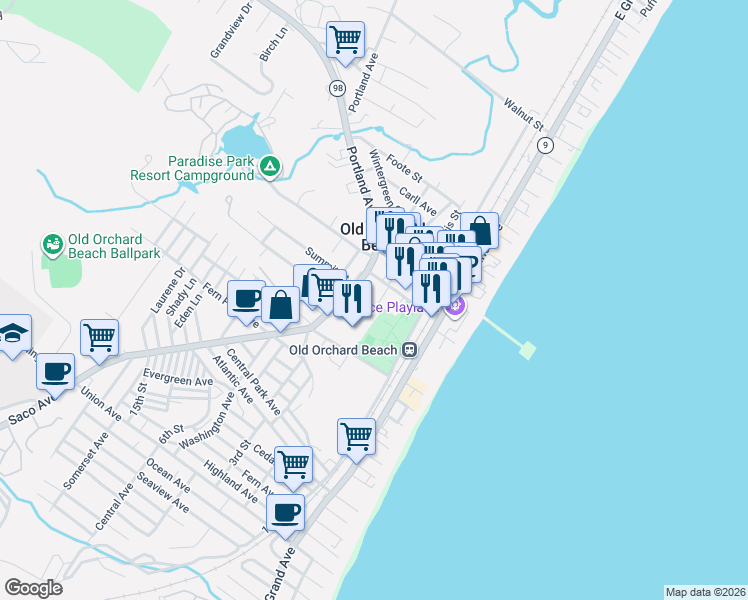 map of restaurants, bars, coffee shops, grocery stores, and more near 34 Staples Street in Old Orchard Beach