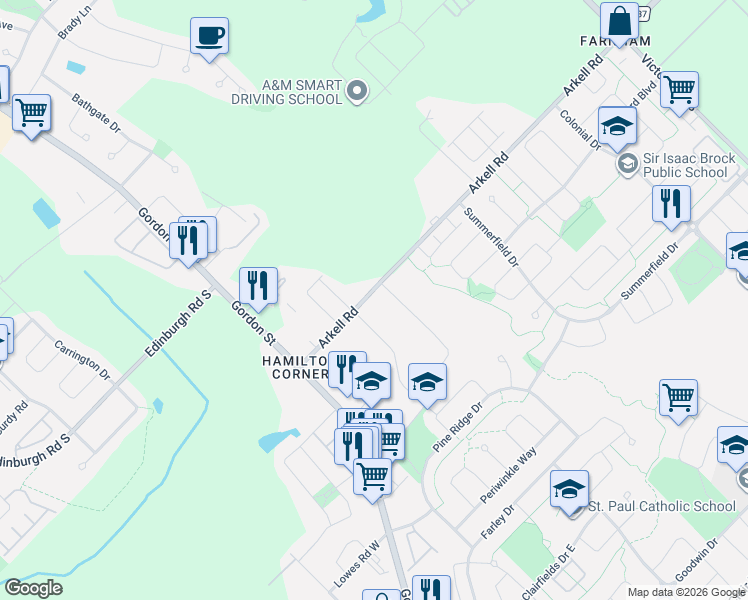 map of restaurants, bars, coffee shops, grocery stores, and more near 65 Arkell Road in Guelph