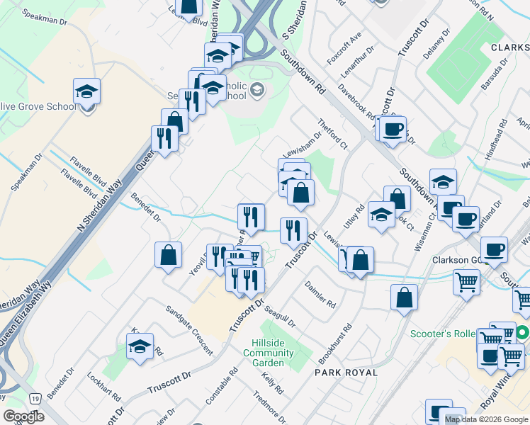 map of restaurants, bars, coffee shops, grocery stores, and more near 2304 Bonner Road in Mississauga