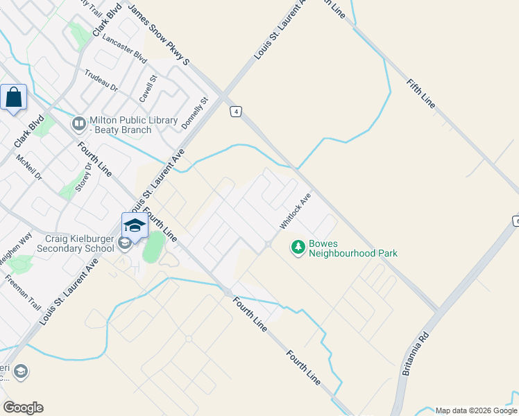 map of restaurants, bars, coffee shops, grocery stores, and more near 1253 Muskoka Heights in Milton