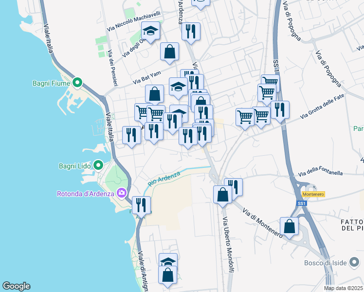 map of restaurants, bars, coffee shops, grocery stores, and more near 26 Via San Simone in Livorno
