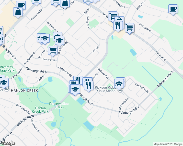map of restaurants, bars, coffee shops, grocery stores, and more near 124 Kortright Road West in Guelph