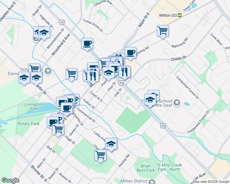 map of restaurants, bars, coffee shops, grocery stores, and more near 426 Pine Street in Milton