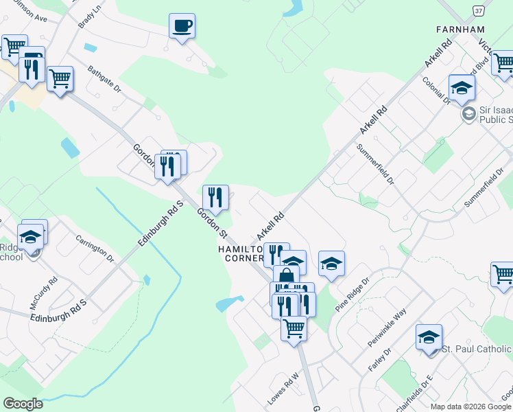 map of restaurants, bars, coffee shops, grocery stores, and more near 56 Arkell Road in Guelph