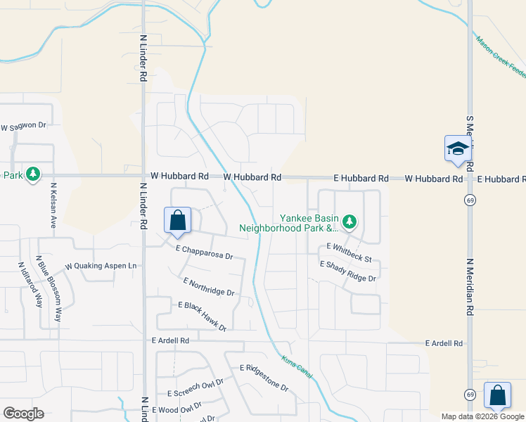 map of restaurants, bars, coffee shops, grocery stores, and more near 935 West Hubbard Road in Meridian