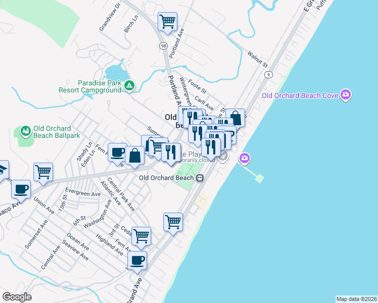 map of restaurants, bars, coffee shops, grocery stores, and more near 34 Staples Street in Old Orchard Beach