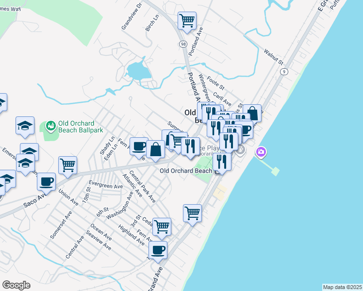 map of restaurants, bars, coffee shops, grocery stores, and more near 4 School Street in Old Orchard Beach