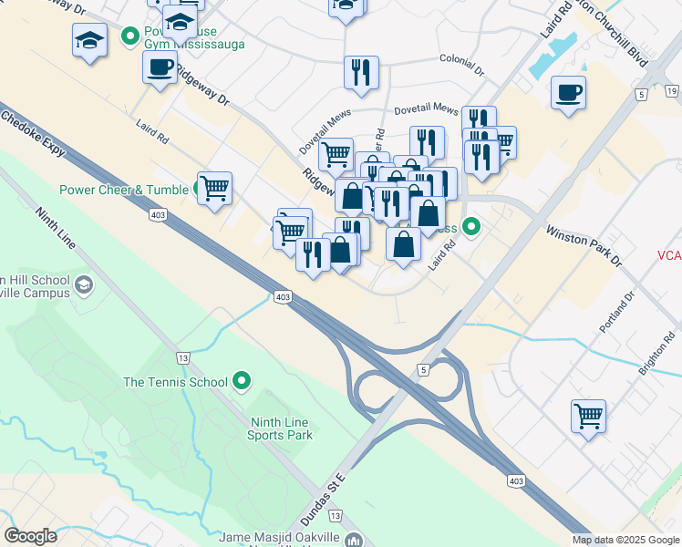 map of restaurants, bars, coffee shops, grocery stores, and more near 3480 Laird Road in Mississauga