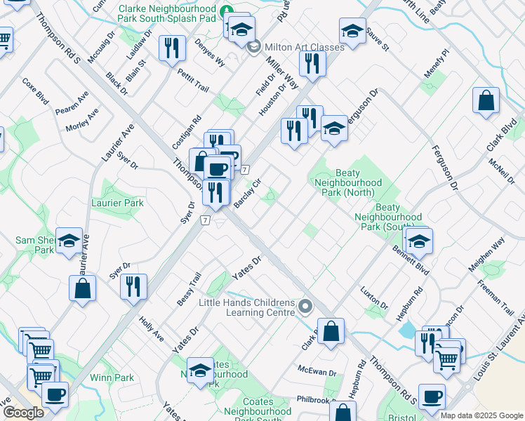 map of restaurants, bars, coffee shops, grocery stores, and more near 633 Porter Way in Milton