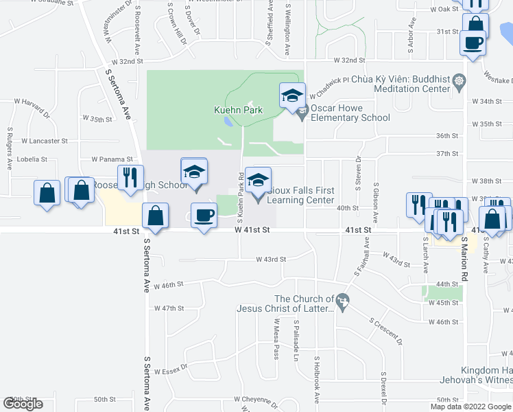 map of restaurants, bars, coffee shops, grocery stores, and more near 6300 West 41st Street in Sioux Falls
