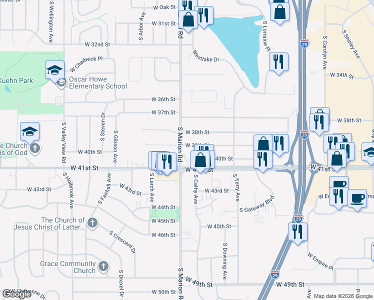 map of restaurants, bars, coffee shops, grocery stores, and more near 5205 West 39th Street in Sioux Falls