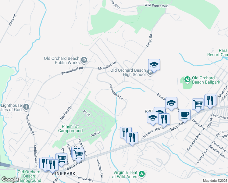 map of restaurants, bars, coffee shops, grocery stores, and more near 72 Kavanaugh Road in Old Orchard Beach