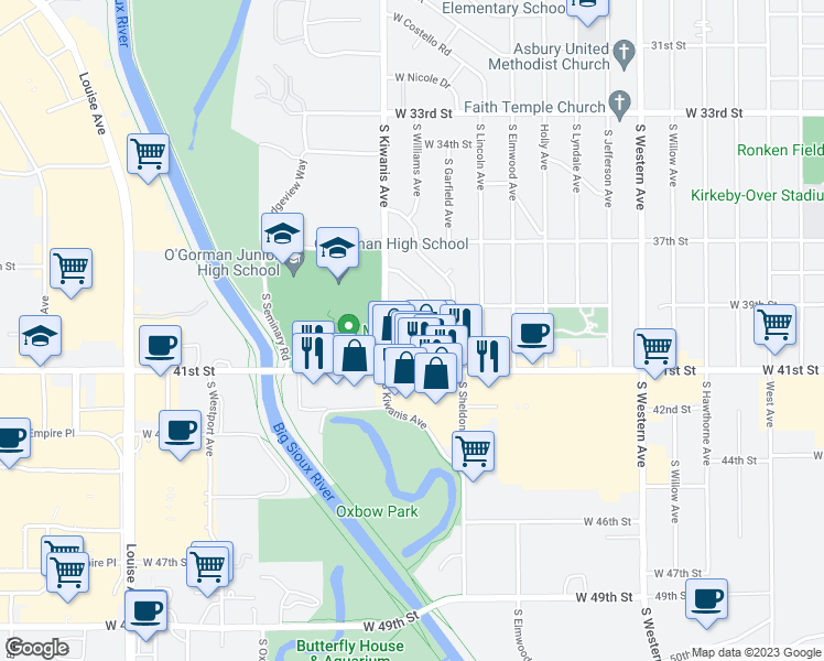 map of restaurants, bars, coffee shops, grocery stores, and more near 3209 South O'Gorman Drive in Sioux Falls