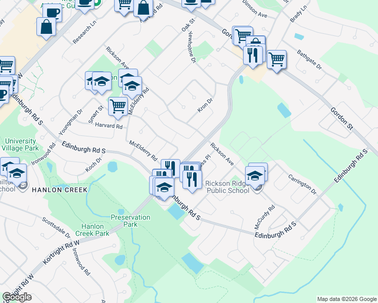 map of restaurants, bars, coffee shops, grocery stores, and more near 129 Kortright Road West in Guelph