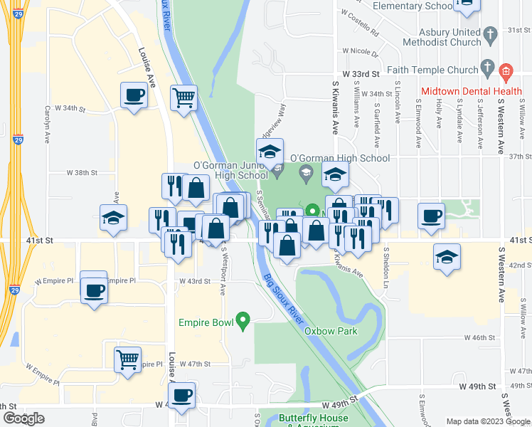 map of restaurants, bars, coffee shops, grocery stores, and more near S Seminary Rd in Sioux Falls